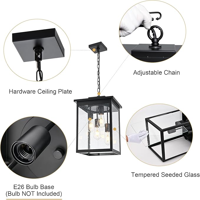 TODOLUZ 4-Lights Large Outdoor Pendant Light Fixture Farmhouse Waterproof Black Porch Hanging Lighting with Adjustable Chain Seeded Glass Panel &amp E26 Bulb Base for Patio Garden Entryway