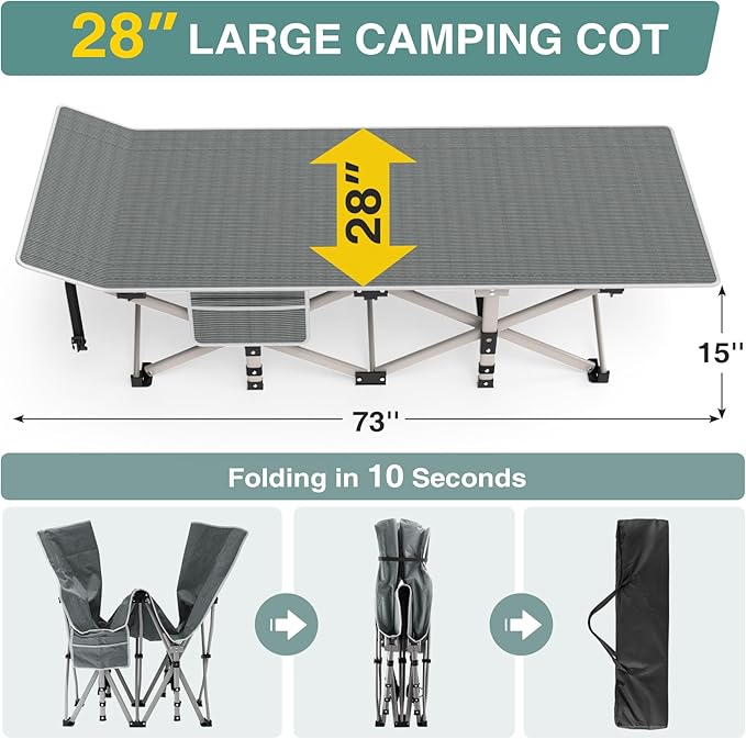 Seeutek Folding Camping Cot for Adults with Carry Bag Portable Bed with Detachable Cushion Waterproof 1200D Oxford Fabric Cot Bed for Camping Hunting Lounging Camping Cots Gray Cot &amp Blue P