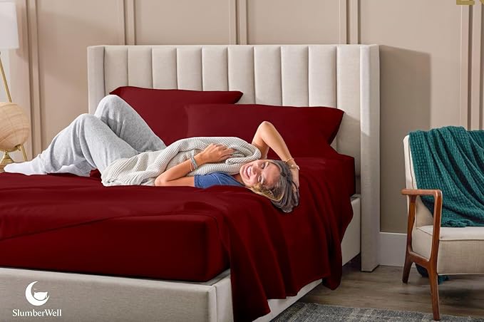 SlumberWell 4 Piece Luxury Soft Microfiber Fitted Bed Sheet Set for Campers RV 8 to 12 Inch Deep Pocket Olympic Queen 66 x 80 Burgundy