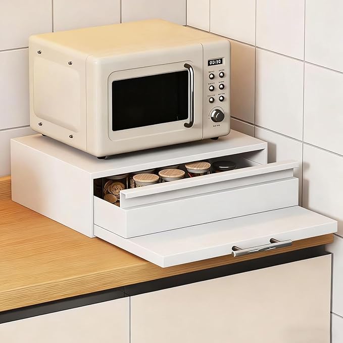 Pull Out Drawer Countertop Organizer Steel Microwave Stand Compact Storage Shelf for Kitchen Coffee Station Spice Rack Pantry (White)