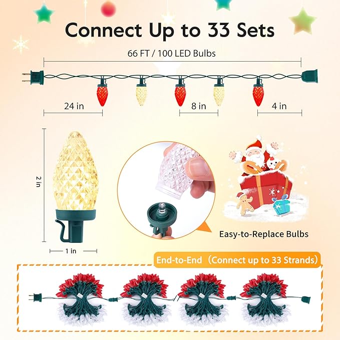 Brightown C9 LED Christmas String Lights 66ft 100 LED Waterproof Strawberry String Lights Plug-in Extendable Green Wire Lights String for Outdoor Outside Patio Party Decoration Red and Warm White