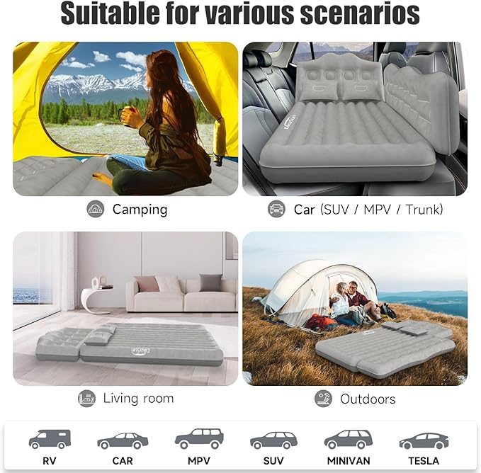 Car Air Mattress Inflatable SUV Truck Car Camping Mattress for Back Seat Thickened Travel Car Bed Sleeping Pad with Car Air Pump 2 Pillows (Grey)