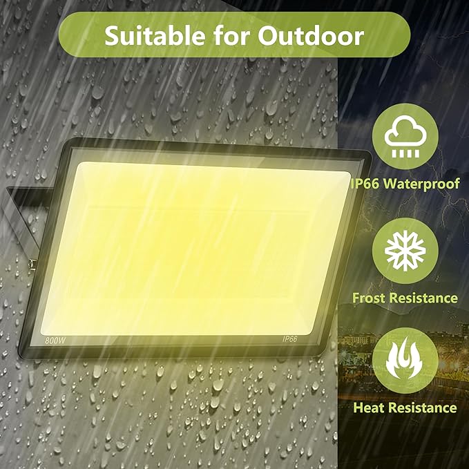 800W Warm White Flood Lights Outdoor LED Security Floodlights with Plug 3000K 80000LM Suer Bright Commercial Arena Lighting for Court Backyard Stadium Fields 2 Pack