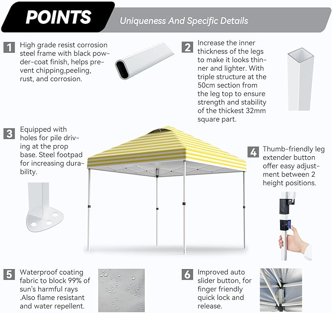 Nazhura 10' x 10' Pop Up Canopy with Sand Weight Bag Awing for Patio Freestanding Sun Shelter for Picnic and Camping One Person Setup White (Yellow Stripe)