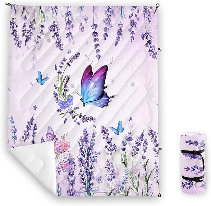 Axolotl Butterflies Camping BlanketLavender Packable Outdoor BlanketViolet Flowers Perfume Lightweight Puffy Printed Camping BlanketPurple Floral Waterproof Blanket for Traveling Beach Cold Weather