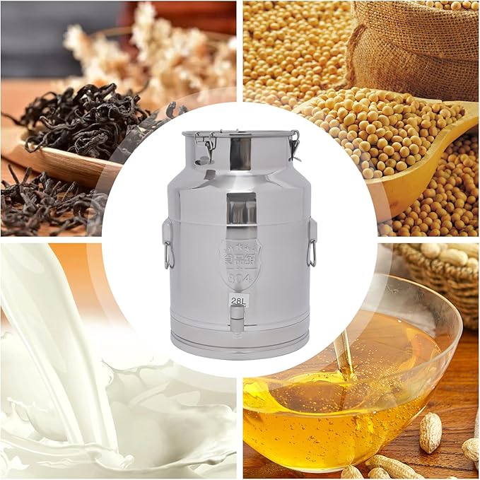 28L Stainless Steel Milk Can Heavy Duty Food Storage &amp Transport Container for Dairy Wine Grains Ideal for Home Farm &amp Commercial Use With a Faucet