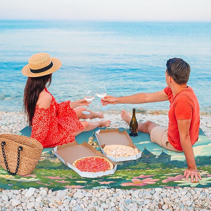 Waterproof Sandproof Beach Blanket 59''×68'' Landscape Polyester Outdoor Picnic Blanket with 4 Stakes &amp Storage Bag for BeachCampingVacation Castle