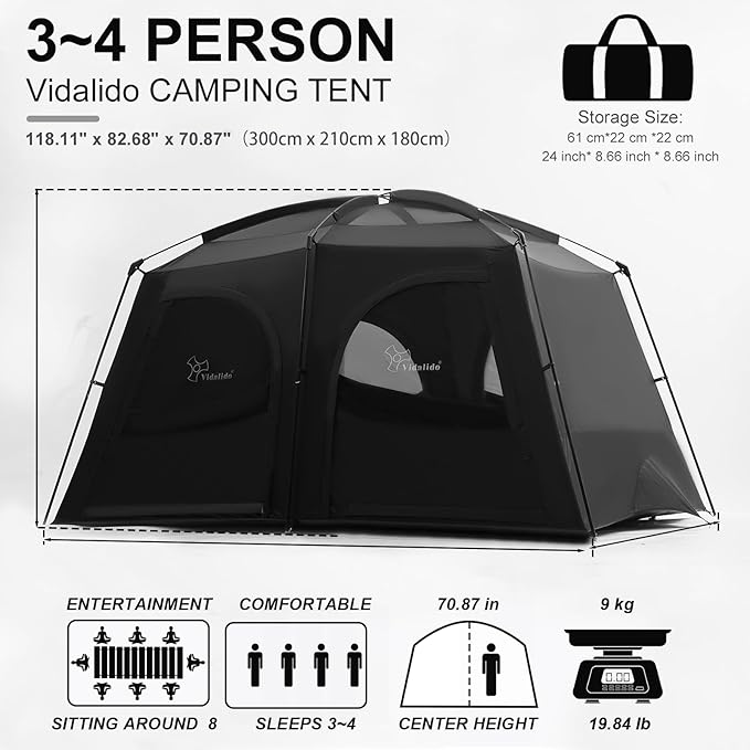 Vidalido Tents3-4 Person Camping Tent with Extended VestibuleWeather Resistant Family Tents with Breathable Mesh WindowsEasy Install Waterproof Outdoor Tent for Backpacking and Camping Hiking