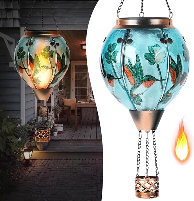 Hot Air Balloon Solar Lantern - Hummingbird Glass Lantern Simulated Flickering &amp Dancing Flame Outdoor Hanging Shamrock Yard Light Waterproof IP65 for Patio Lawn Porch Decor Irish Gift