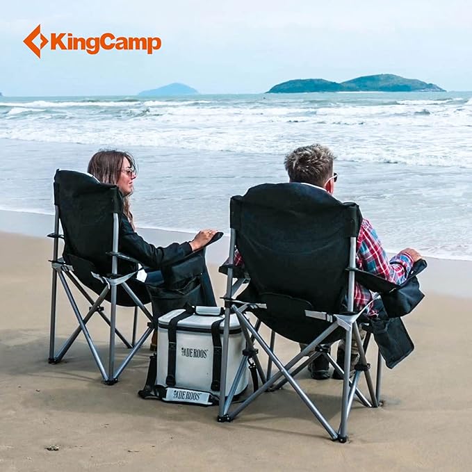 KingCamp Folding Portable Camping Chairs Oversized Padded Quad Arm Chair with Cooler Bag Cup Holder and Side Pocket Heavy Duty Supports 300 lbs for Outdoor Lawn Fishing Sports