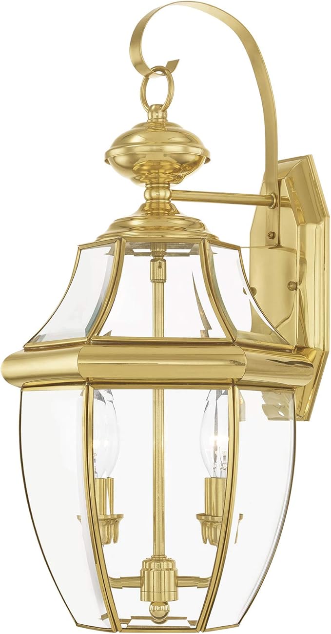 Livex Lighting 2251-02 Monterey 2 Light Outdoor Polished Brass Finish Solid Brass Wall Lantern with Clear Beveled Glass 20.25 x 10.5 x 10