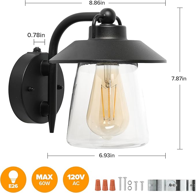 LUTEC 2 Pack Dusk to Dawn Outdoor Indoor Exterior Light Fixture Farmhouse Barn Wall Sconce Matte Black Finish Anti-Rust Wall Mount Light Waterproof Wall lamp with Clear Glass for Porch Patio