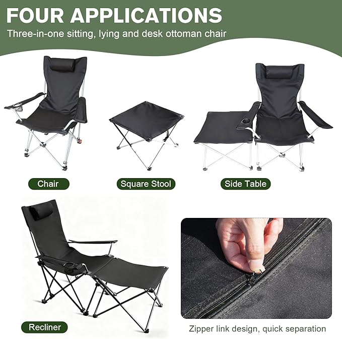 Portable Camping Chair with Footrest Folding Lounge Chair Reclining Chair for Outside with Cup Holder Side Pocket and Pillow Heavy Duty Collapsible Chair for SportsOutdoors &amp Lawns
