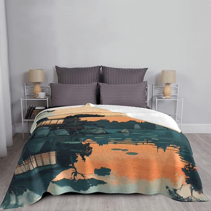Japanese Illustration Soft Fleece Blanket 60 * 50 inch Soft Sofa Blanket Suitable for Sofa Camping Travel Night Cover Blanket