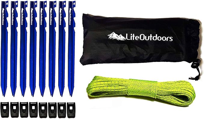 LITEOUTDOORS Ultralight Tent Stake Kit - 12 Aluminum Tent Pegs 100' Reflective Guyline 12 Cord Tensioners - for Backpacking Hiking Camping