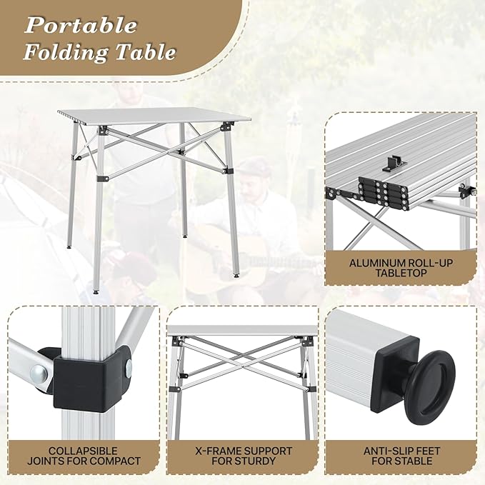 Athena Collection Foldable Camping Table 28 Small Aluminum Outdoor Folding Camp Table with Roll Up Tabletop and Carry Bag Lightweight and Portable for Outdoor Camping Picnic Grilling Silver