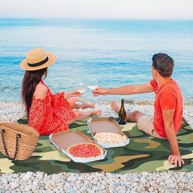Waterproof Sandproof Beach Blanket 59''×68'' Camouflage Polyester Outdoor Picnic Blanket with 4 Stakes &amp Storage Bag for BeachCampingVacation Greener