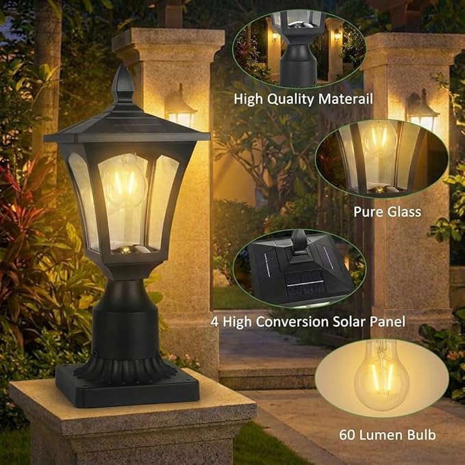 Outdoor Solar Lamp Post Light with Glass Shade &amp Pier Mount Base IP45 Waterproof Dusk to Dawn Solar Post Lantern Warm White for Garden Yard Fence Deck &amp Holiday Décor