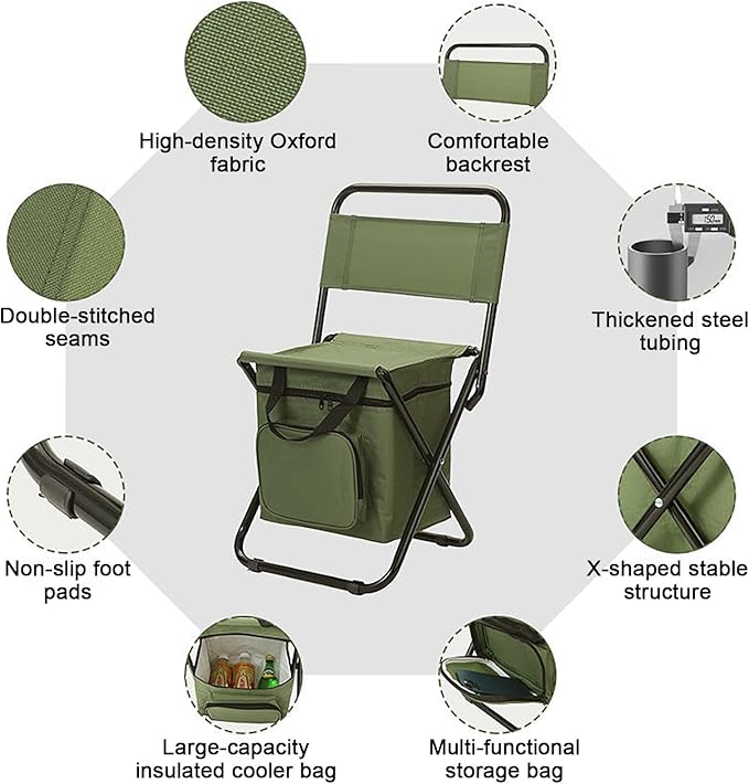Foldable Fishing Chair with Cooler Bag Compact Fishing Stool Portable Backrest Stool with Backrest for Finishing Travel Camping Hunting Hiking (Olive Green)
