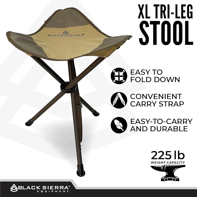 Black Sierra Folding Hunting Stool w/Shoulder Strap Supports 225 lbs Lightweight Collapsible Tripod Seat Foldable Steel Frame Chair Perfect for Hunting Blind Fishing Hiking Travel