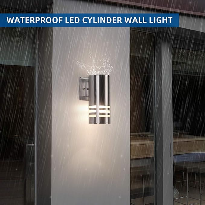 Outdoor Wall SconceCylinder Wall Light with Stainless Steel 304 and Toughened GlassWaterproof Up Down Light for Garden Patio Bedroom Living Room (Brushed Nickel 8.7 HeightNo Bulbs)