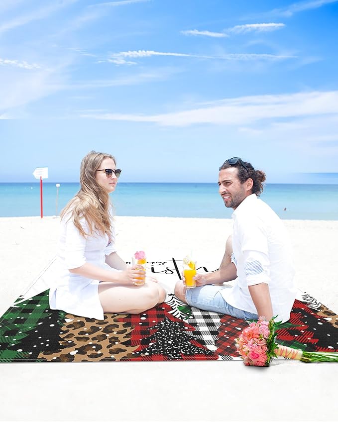 Beach Blanket Waterproof Sandproof OversizedChristmas Tree Classic Tartan Beach Mat with Corner Stakes Sand PocketsRed Black Farmhouse Buffalo Plaid Outdoor Picnic Mat for Travel Camping 95x80In