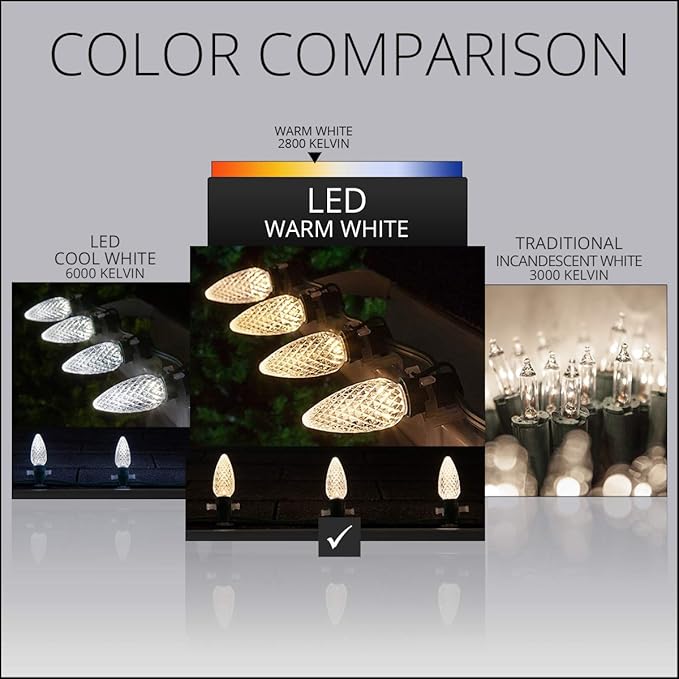 Wintergreen Lighting 25 C9 OptiCore LED Commercial Outdoor Christmas Lights – Heavy Duty Christmas String Lights Green Wire (25 ft Warm White)
