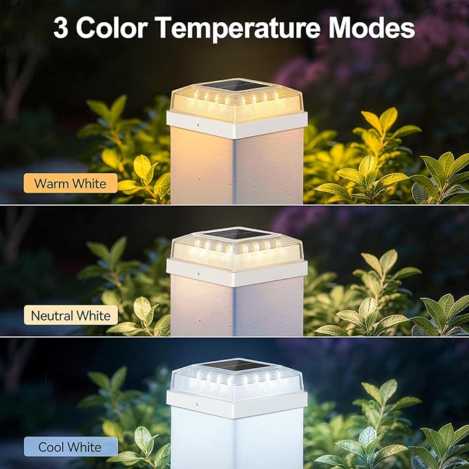 Brightever Solar Post Cap Lights Outdoor with 3 Lighting Modes 6-Pack Solar Fence Post Lights Waterproof Solar Powered Deck Post Lights Fits 4×4 Wood/Vinyl Posts Ideal for Garden Patio Porch White