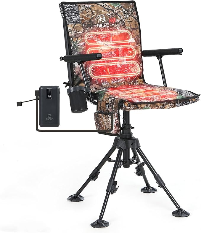 Nice C Heated Swivel Hunting Blind Chair 360 Degree Silent Swivel Chair with Battery Turkey Chairs Strutter Chairs 4 Legs Height Adjustable Power Bank Included Portable Ground Camping