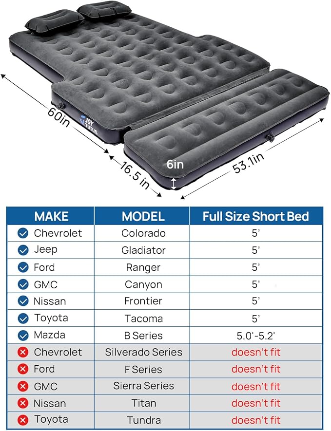 JOYTUTUS 5-5.2Ft Truck Bed Air Mattress with Removable Tailgate Extension Thickened Inflatable 5ft Compact Short Truck Beds Compatible with Tacoma&ampRanger&ampGladiator&ampColorado&ampCanyonBl