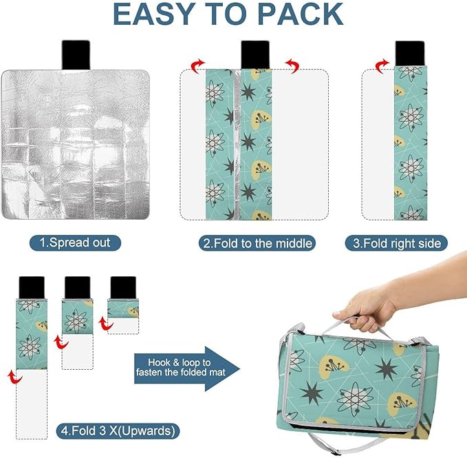 Modern Atomic Stars Retro Colors Stock Illustration Waterproof Outdoor Picnic Blanket Sandproof Beach Mat for Camping Hiking Grass Travelling