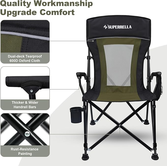 Camping Chair Portable Folding Lawn Chair Comfortable Hard Arm Sturdy for Family Camp Outdoor Sports Beach Travel Support 400 lbs Black&ampGreen