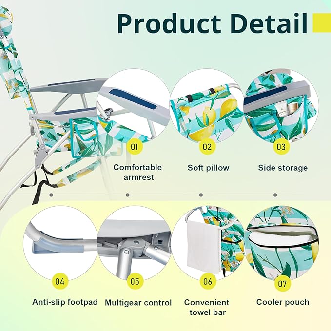 Backpack Beach Chairs Low 5 Position Beach Chair with Pouch Straps Folding Lightweight Reclining Aluminum Lay Flat Single (Lemon High)