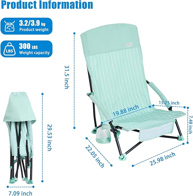 SUNNYFEEL Folding Beach Chair High Back Beach Chairs for Adults Lightweight Portable Camp Chair 300lbs Heavy Duty with Carry Bag Cup Holder for Outdoor Travel Picnic Concert 2 Pack Green
