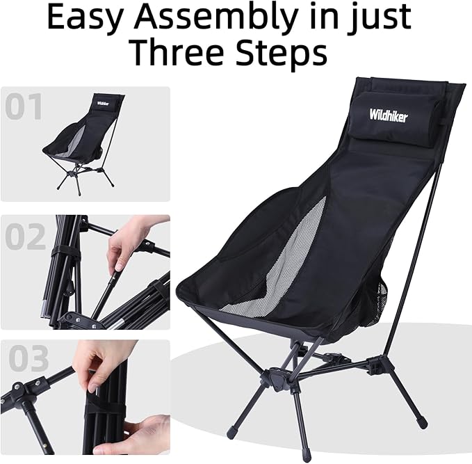Wildhiker Portable Compact Folding Camping Chairs – Lightweight High Back with Pillow Deep Recline ArmPads Side Pockets-for Motorcycle RV Backpacking Travel Festival – Indigo Blue