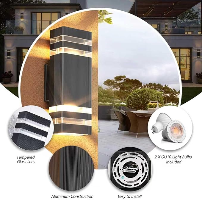 GEYANG Modern Outdoor Wall Light: 14W 3000K Aluminum Up Down LED Fixture with Bulb - Waterproof Lighting for Garage and Driveway - Home Wall and Backyard Light - Exterior House Fixture - 4 Pack