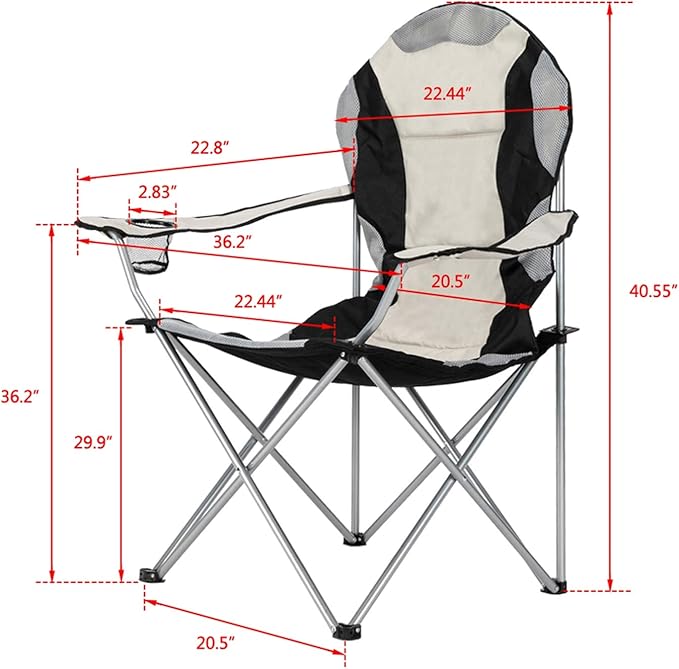 Vasitelan Outdoor Camping Chair with Back Support Padded Lawn Chairs Folding Arm Chair with Bag Cup Holder