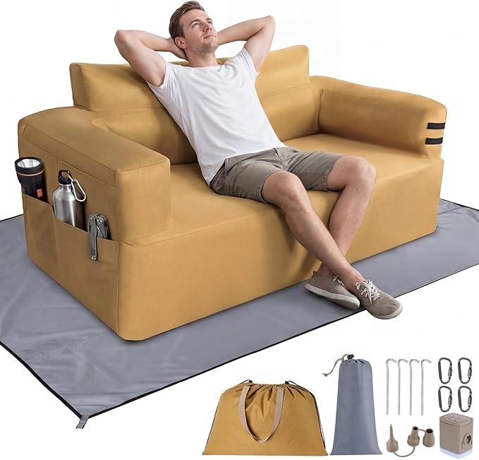 Portable Inflatable Couch with Built-in Pump1000D Oxford Blow Up Sofa with Floor Mat for CampingBeachParty &amp Indoor | Puncture-Resistant Outdoor Inflatable Loveseat-Machine WashableQuick Infla