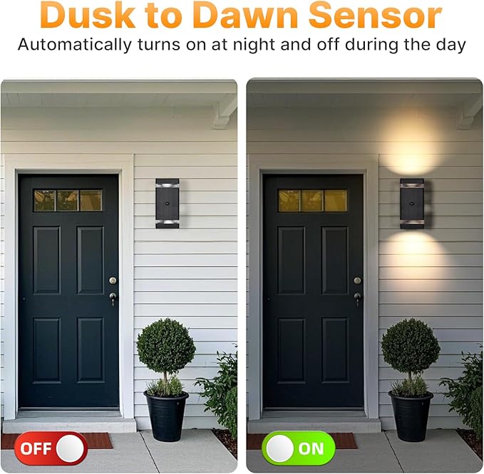 Outdoor Wall Lights 1 Pack Integrated LED Up Down Lights Modern Black Outdoor Wall Light with Dusk to Dawn Sensor Aluminum Exterior Wall Light for Porch Patio Door