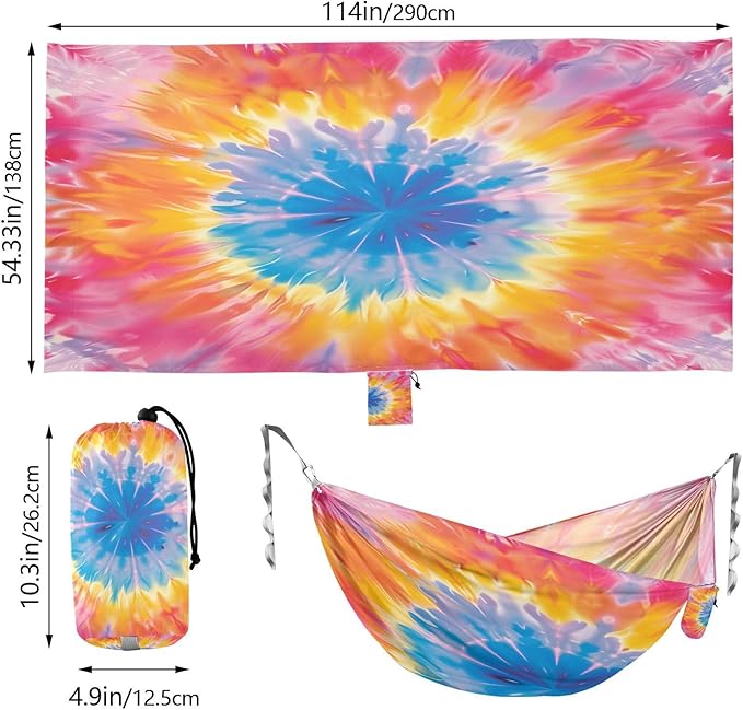 ALAZA Tie Dye Pink Yellow &amp Blue Camping Hammocks Single or 2 Person 500 lbs Portable Parachute Travel Hammock w/Tree Straps for Hiking Backpacking Indoor Outdoor
