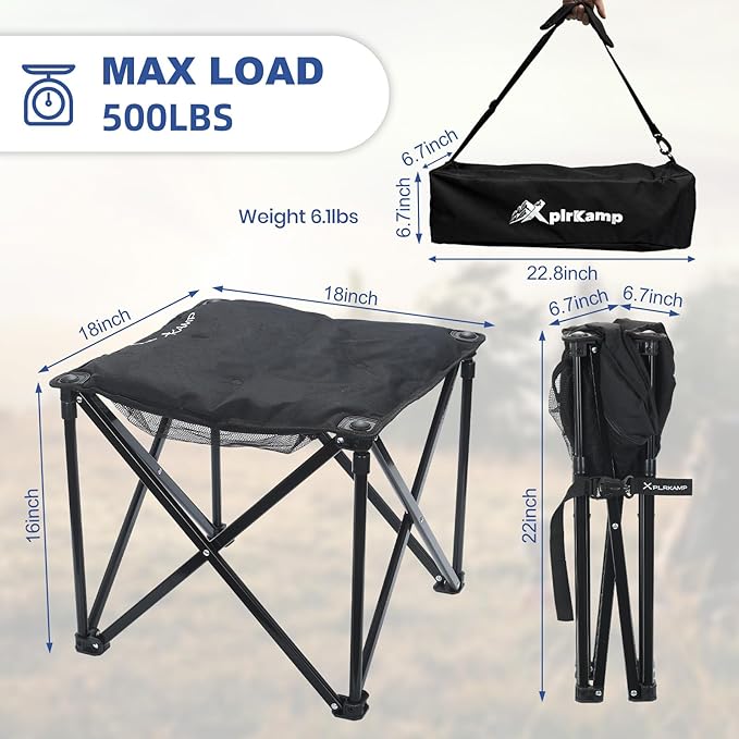 Padded Camping Stool 18 Inch Oversized Folding Camping Foot Rest 500lb Outdoor Camp Chair Footstool Portable Camping Ottoman w/Storage Net Carry Bag for Camping Gardening (1 Black)
