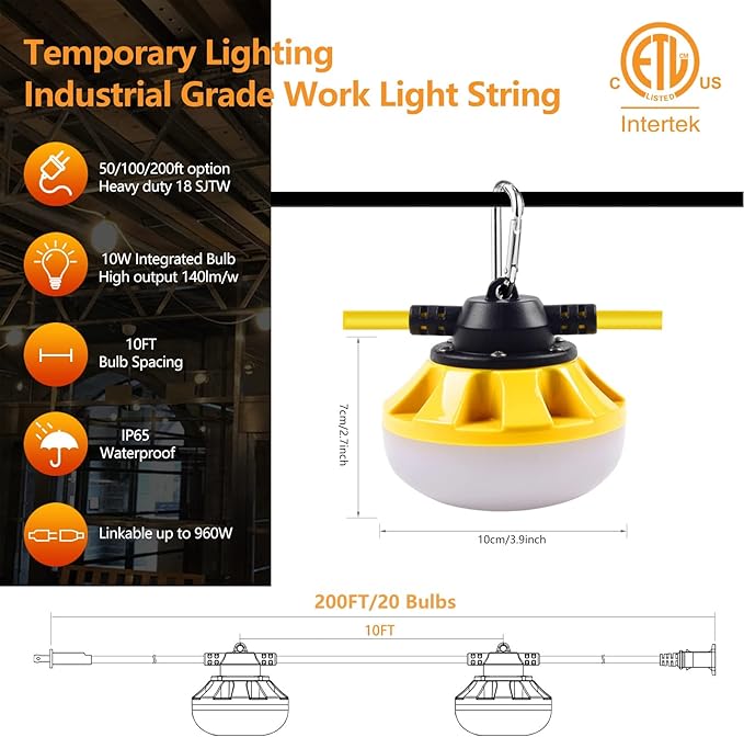 200FT Construction String Lights LED Industrial Grade Best for Construction Sites Renovation WalkwaysPatioMine cave Outdoor and Other Outdoor Lighting Solutions UseFree for Climbing Hook