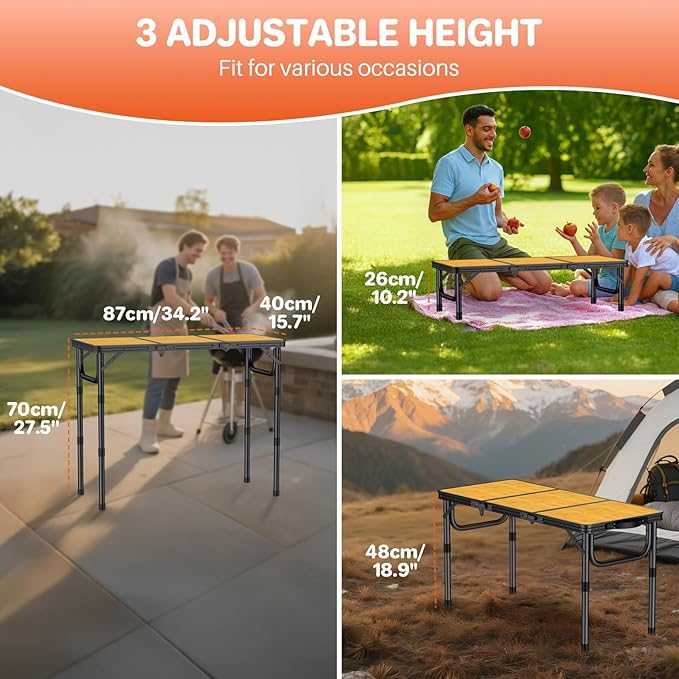 FUNYKICH 3ft Camping Folding Table with 3 Adjustable Height Portable Picnic Tables 34.2'' Lx15.7'' W Lightweight Aluminum Outdoor Table with Carry Handle for Camping Picnic Backyard BBQ-Black