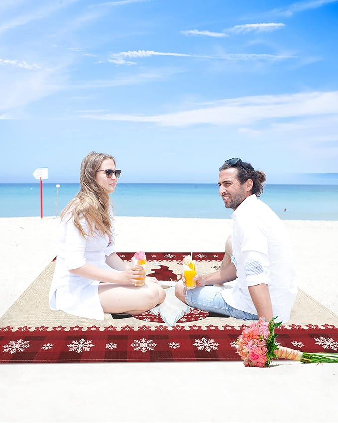 Beach Blanket Waterproof Sandproof OversizedChristmas Snowflake Cute Dwarf Red Buffalo Check Beach Mat with Corner Stakes Sand PocketsWinter Flower Outdoor Picnic Mat for Travel Camping 83x79In