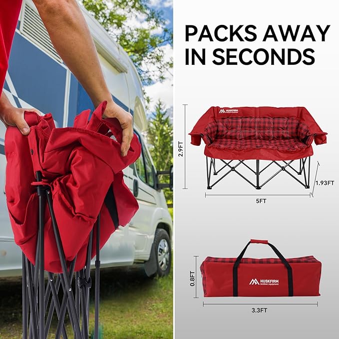 Double Camping Chairs Padded Loveseat Chair for 2 Person - Heavy Duty Oversized Camping Couch for Adults Outdoor Lawn Beach - Portable Folding Sofa with Cup Holders and Carry Bag Red