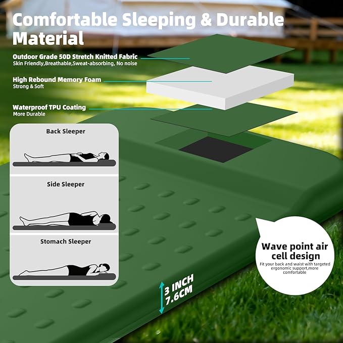 KASIMO Memory Sleeping Pad for Camping 3 Compact Ultra-Thick Foam Sleeping Mats with Pillow 9.5 R-Value Insulated Camping Mattress Pad or Car Travel Backpacking TentHome