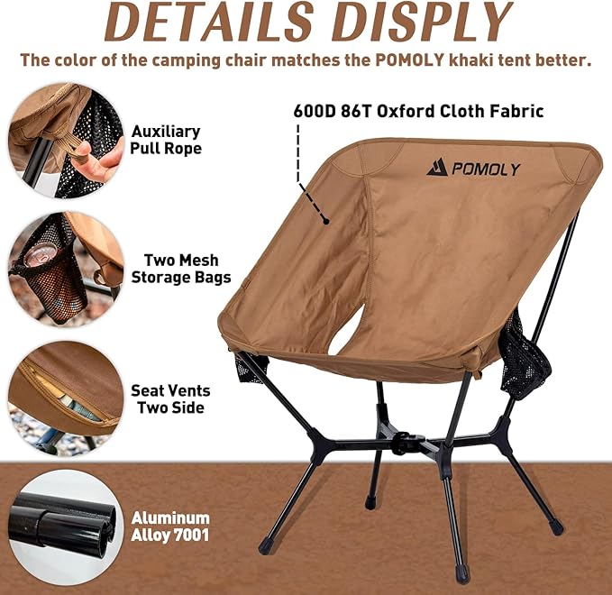 POMOLY Lightweight Camping Chair (Innovative Rotating Instant Setup) Portable Collapsible Camping Chair Folding Outdoor Backpacking Ultralight Hiking Hunting Compact 440lbs Capacity