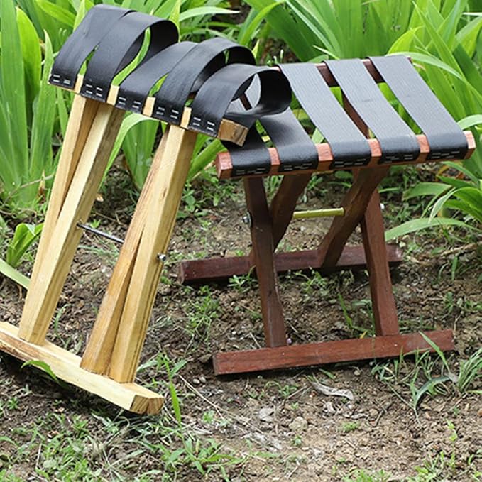 Portable Folding Stool Bench for Camping Stools Adults Solid Wood Compact Fishing Seat Safety Strap for BBQ and Travel