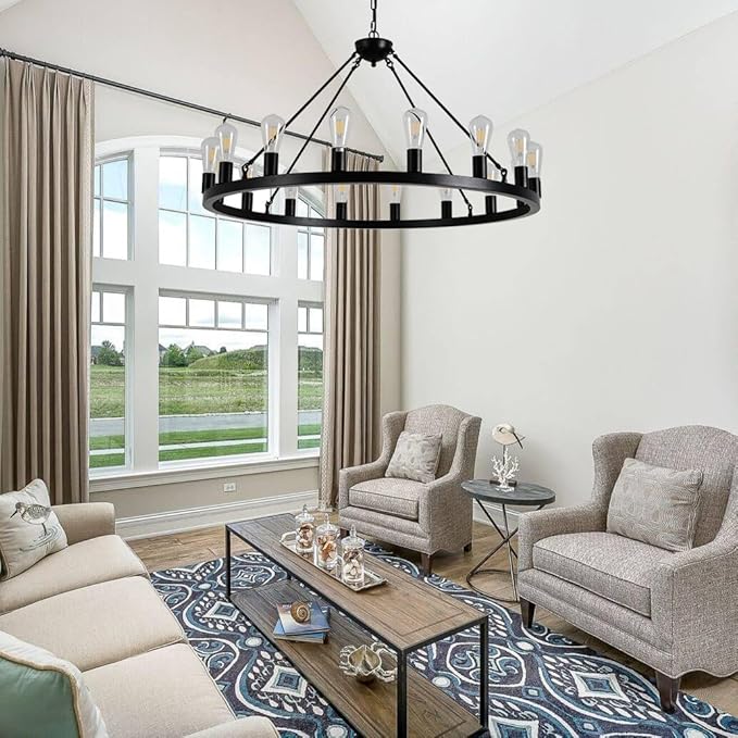40 Black Wagon Wheel ChandelierE26 16-Light Large Round Rustic Farmhouse Chandelier Industrial Pendant Light Fixtures for Dining Room Living Room Kitchen Island Entryway Foyer