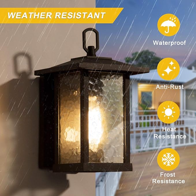LALUZ Rectangle Outdoor Light Fixtures Wall Mount Weather-Proof Porch Lights Outdoor with Water Ripple Glass Anti-Rust Outdoor Wall Lantern for Patio Yards Garden Front Door Matte Black Finish